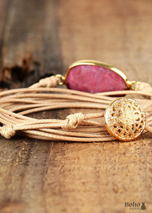 Pulsera Boho, Pulsera de Cuerda, Cuarzo Rosa